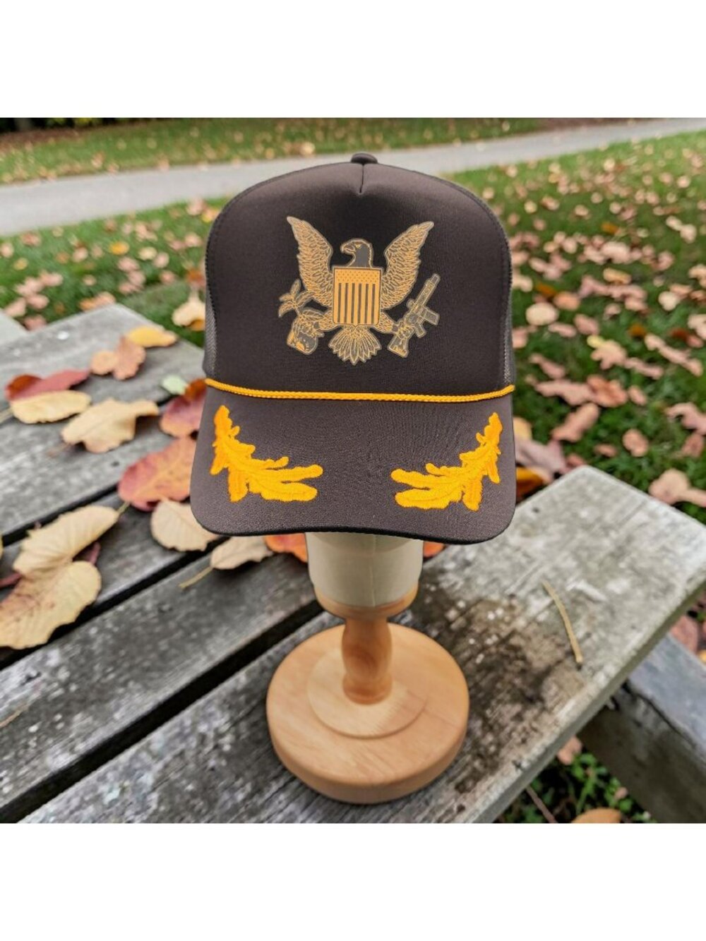 NRA Logo Trucker Hat With Gold Eagle Rope Trim & Embroidered "Scrambled Eggs" De